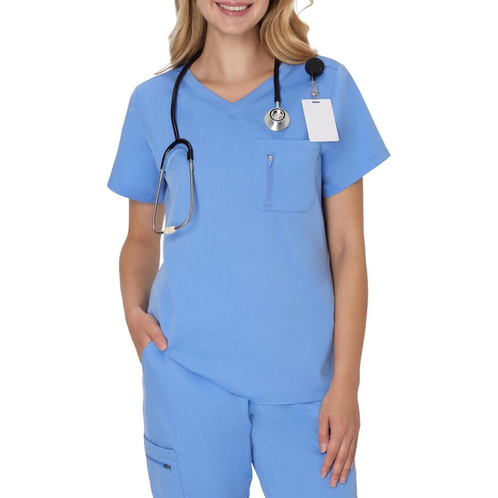 imageHanes Womens Scrub Top Comfort Fit 1Pocket Healthcare Top for Women MoistureWicking Medical ScrubsCeil Blue 2