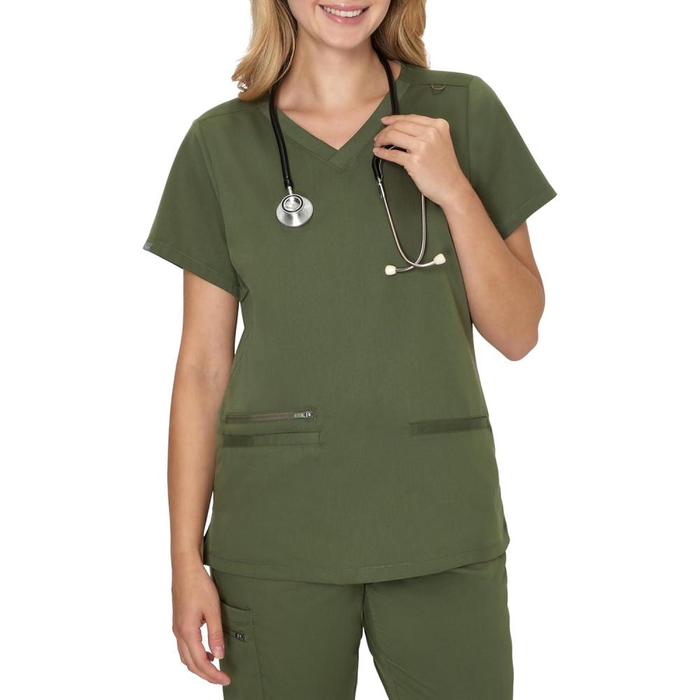 imageHanes Womens Scrub Top Comfort Fit 3Pocket Healthcare Top for Women MoistureWicking Medical Scrub ShirtGreen Moss