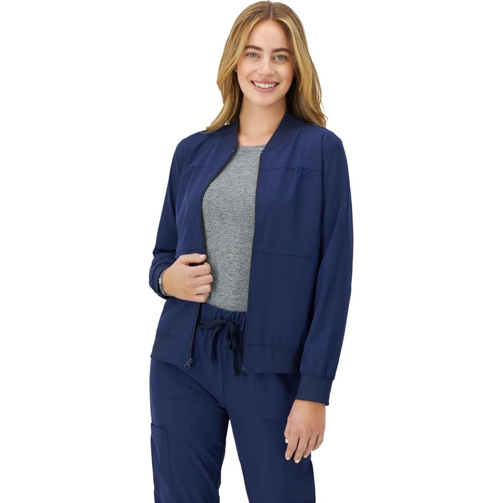 imageHanes Womens Scrubs Bomber Jacket ZipUp Healthcare Scrub Jacket for Women Moisture WickingAthletic Navy