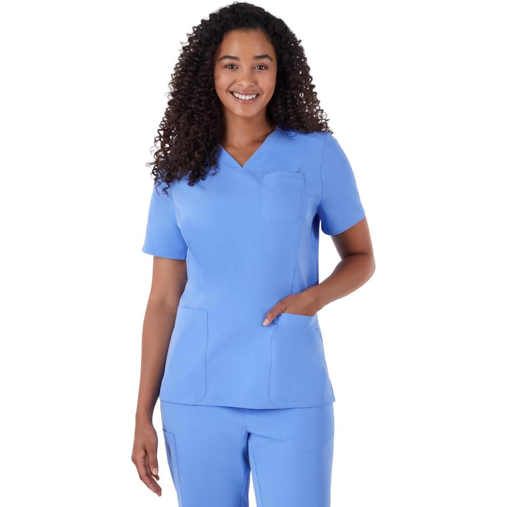 imageHanes Womens Scrubs Healthcare Top MoistureWicking Stretch Scrub Shirts Ribbed Back PanelCeil Blue 2
