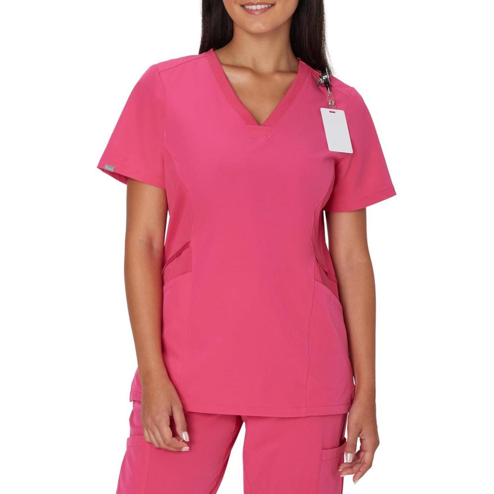 imageHanes Womens Scrubs Healthcare Top MoistureWicking Stretch Scrub Shirts Ribbed Side PanelsFuchsia Pink