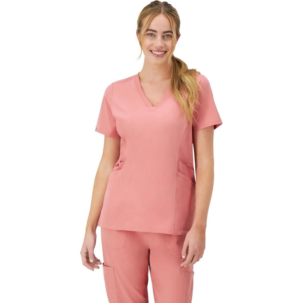 imageHanes Womens Scrubs Healthcare Top MoistureWicking Stretch Scrub Shirts Ribbed Side PanelsRose Ranch Pink