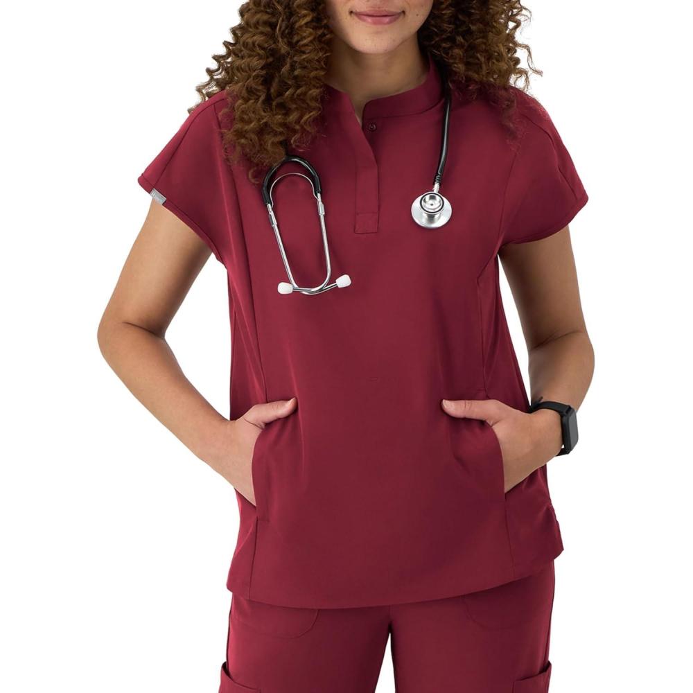 imageHanes Womens Scrubs Healthcare Top with Mandarin Collar MoistureWicking Stretch Scrub ShirtAfternoon Burgundy