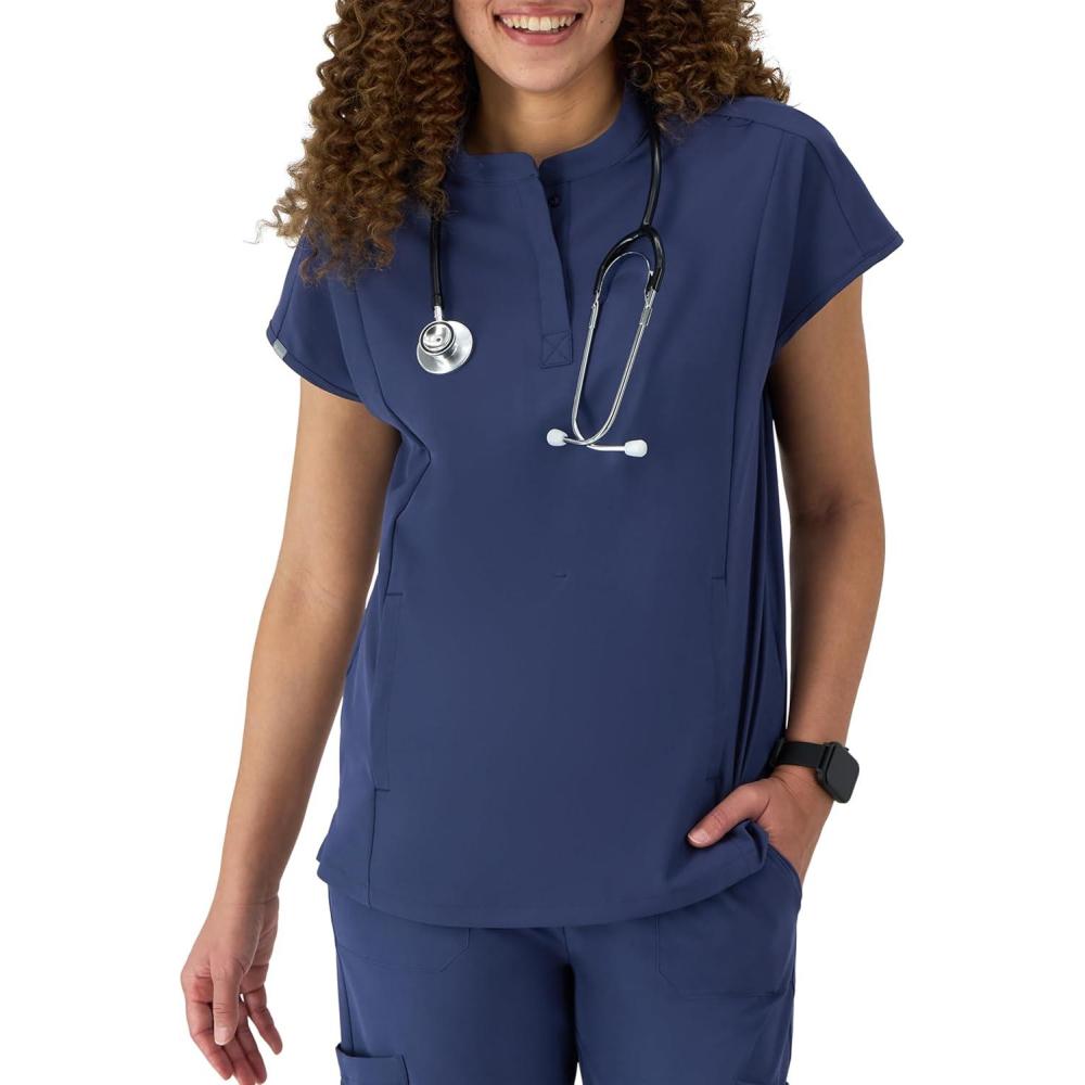 imageHanes Womens Scrubs Healthcare Top with Mandarin Collar MoistureWicking Stretch Scrub ShirtAthletic Navy
