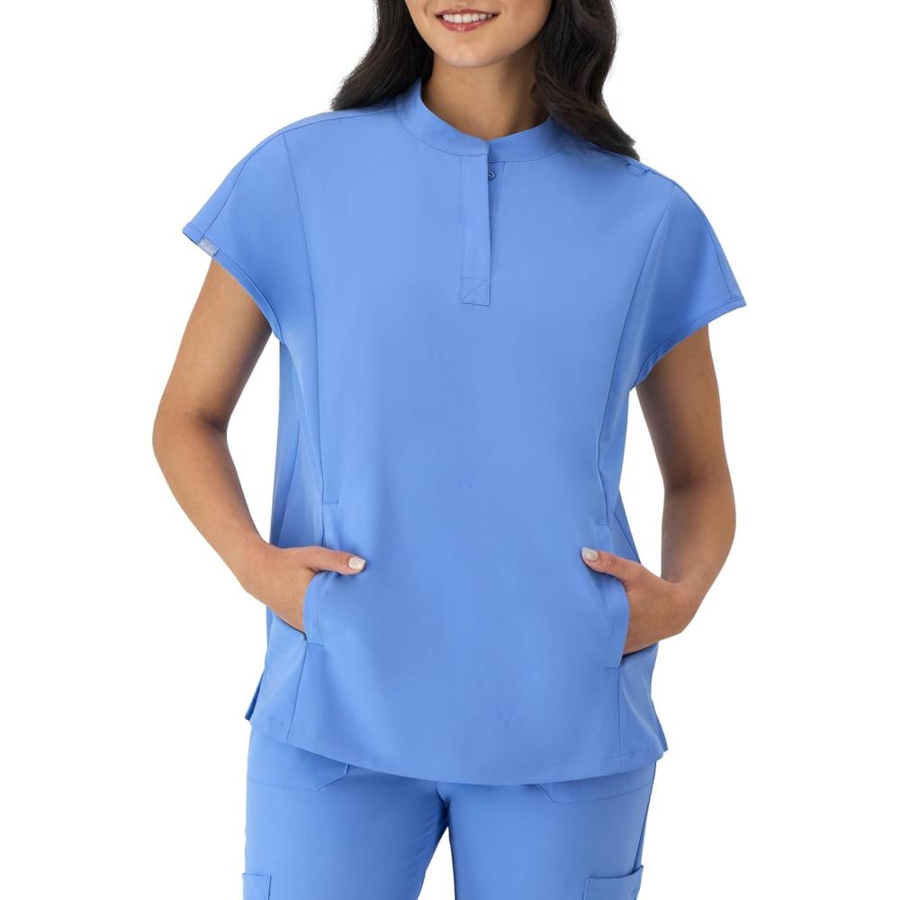 imageHanes Womens Scrubs Healthcare Top with Mandarin Collar MoistureWicking Stretch Scrub ShirtCiel Blue 2