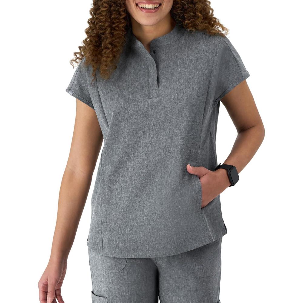 imageHanes Womens Scrubs Healthcare Top with Mandarin Collar MoistureWicking Stretch Scrub ShirtEbony Heather