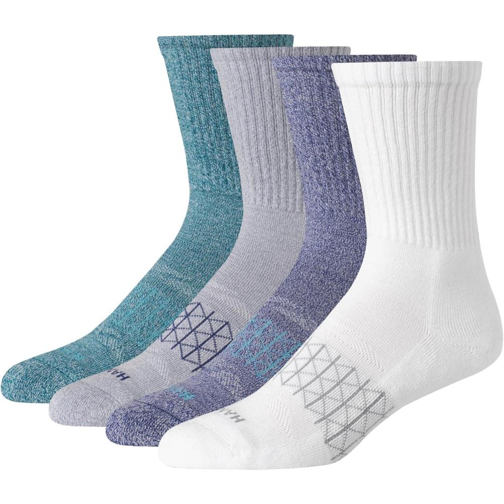 imageHanes mens Absolute Active Cushioned Crew Socks Moisture Wicking Socks Seamless Toe 4packBlue and Grey Marl Assortment