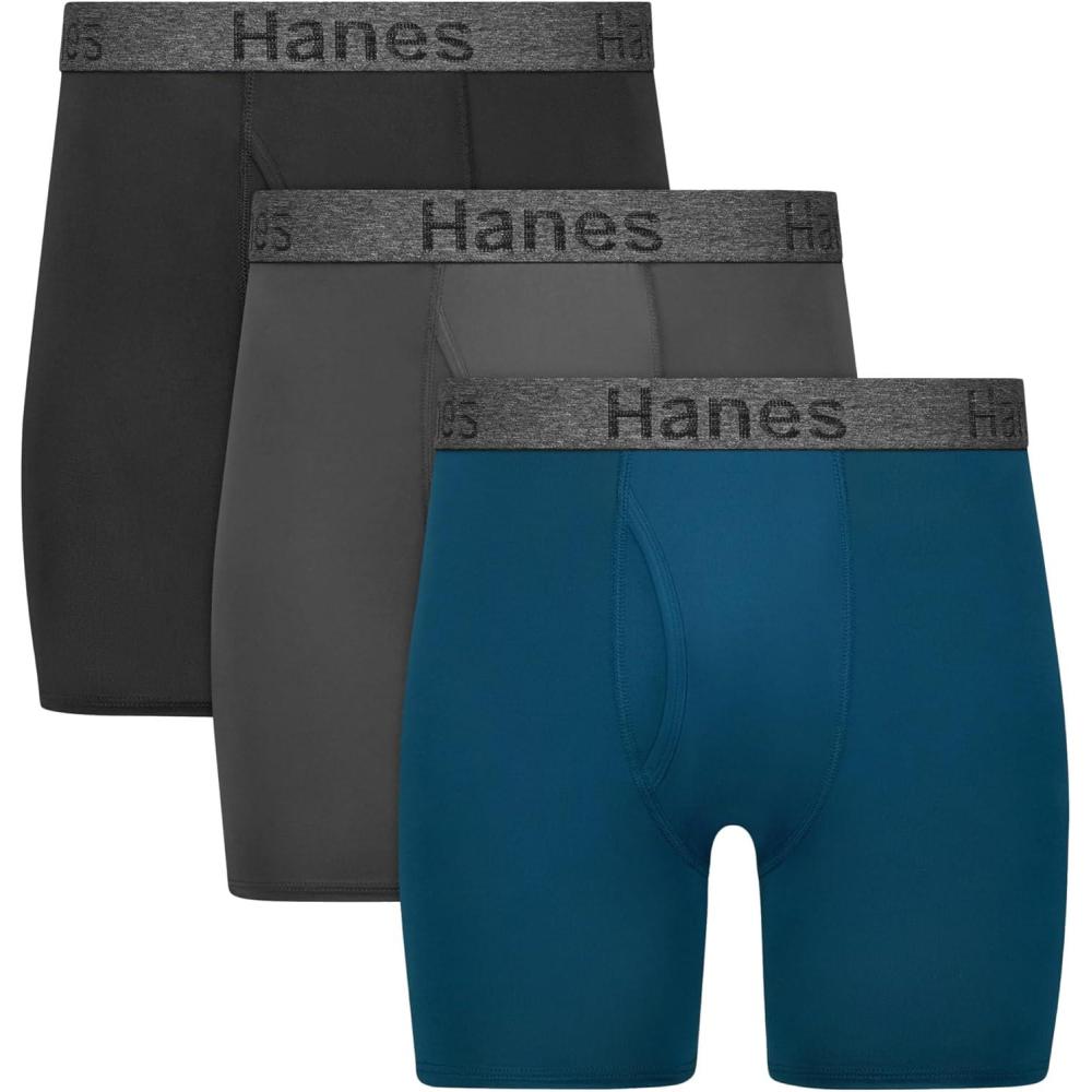 imageHanes mens Stay Dry Pouch Boxer Briefs Performance Stretch Boxer Brief With Leak Protection 3packBlack Grey Blue