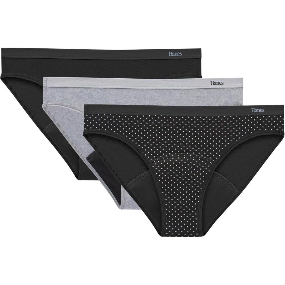 imageHanes womens Comfort Period Bikini Period Underwear Super Leaks Postpartum ampamp Period Underwear 3packBlackConcrete HeatherBlack