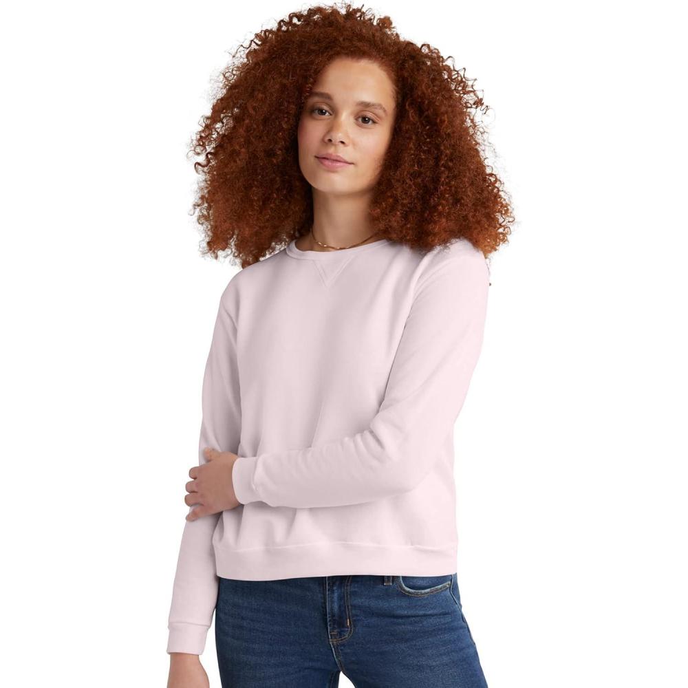 imageHanes womens Crewneck Sweatshirt Ecosmart Fleece Pullover With Vnotch Sweatshirt for WomenPale Pink