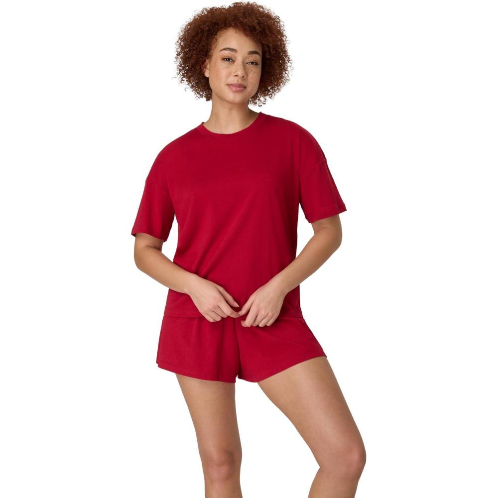 imageHanes womens Originals 2 Piece Lounge Set Comfywear Supersoft Boxy Tshirt ampamp Sleep Shorts Loungewear SetRosey RedRosey Red
