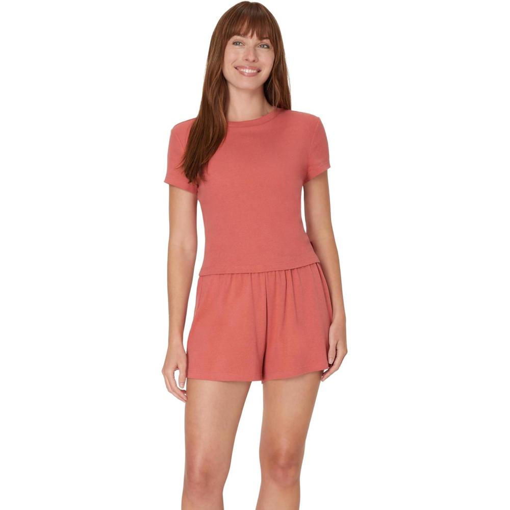 imageHanes womens Originals 2piece Lounge Set Supersoft Cropped Baby Doll Tee ampamp Sleep Shorts Loungewear SetNatural CedarNatural Cedar