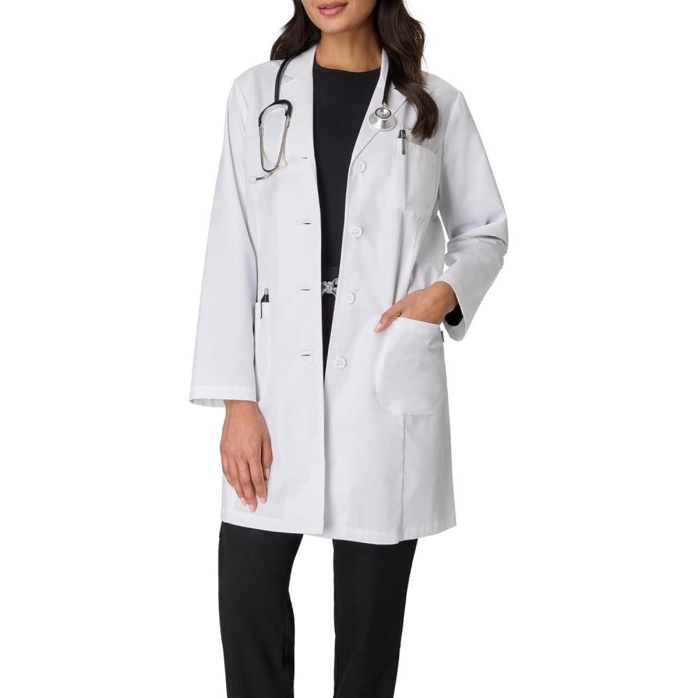 imageHanes womens Scrubs Lab Coat Healthcare Lab Coat Scrubs Jacket With Pockets Soil ampamp Water ResistantMarble White