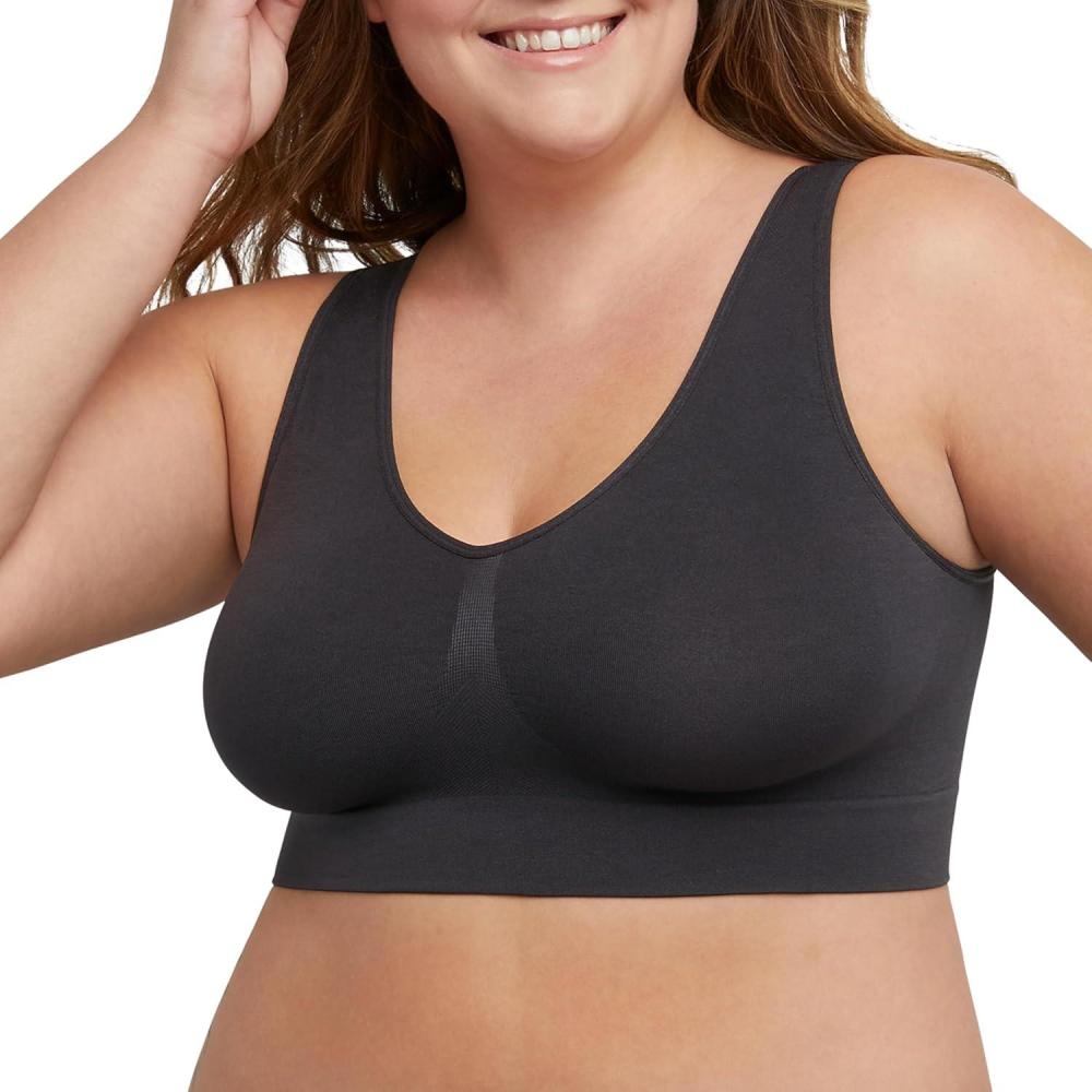 imageJUST MY SIZE Hanes Womens Seamless Bralette Pure Comfort Light Support Pullover Bra Plus SizesBlack