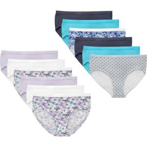 Hanes Brief Underwear, Stretch Cotton Panties for Girls, Assorted, 12-Pack(White  Purple  Blue  Grey  Floral Print  Dot Print  Tie-dye Print)