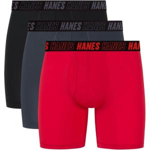 Hanes Men’s Moves Anti-Chafe Undewear Boxer Briefs Pack, Total Support Pouch, Cooling (Trunks Avail.)(Red/Grey/Black)