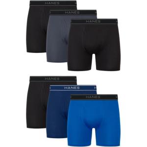 Hanes Men’s Value Performance Stretch Boxer Brief Underwear, Moisture-Wicking, 6-Pack(Black/Blue/Grey)