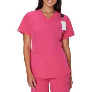 Hanes Women’s Healthcare Top with V-Neckline, Moisture-Wicking Stretch Scrub Shirts(Fuchsia Pink)
