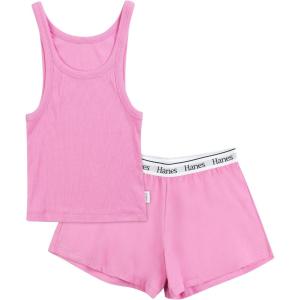 Hanes Women’s Originals Comfywear Rib Crop Tank and Sleep Shorts, 2-Piece Set(Strawberry Pink/Strawberry Pink)