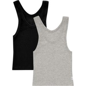 Hanes Womens Originals Rib Crop Tank Top 2-Pack, Comfywear Stretch Cotton Cropped Top(Heather Grey Marle/Black)