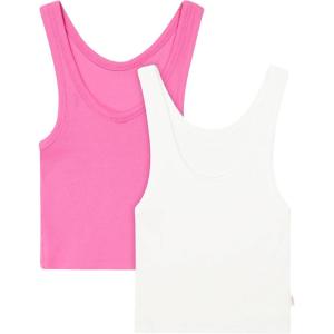 Hanes Womens Originals Rib Crop Tank Top 2-Pack, Comfywear Stretch Cotton Cropped Top(Pink Oleander/White)