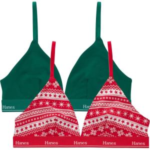 Hanes Women’s Originals Triangle Bralette Pack, Breathable Stretch Cotton Bras, 2-Pack(Emerald Night/Friendly Fairisle)