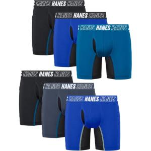 Hanes boys Moves Underwear, Anti-chafe Boxer Briefs for Boys, 6-pack(Black/Blue- Long Leg)