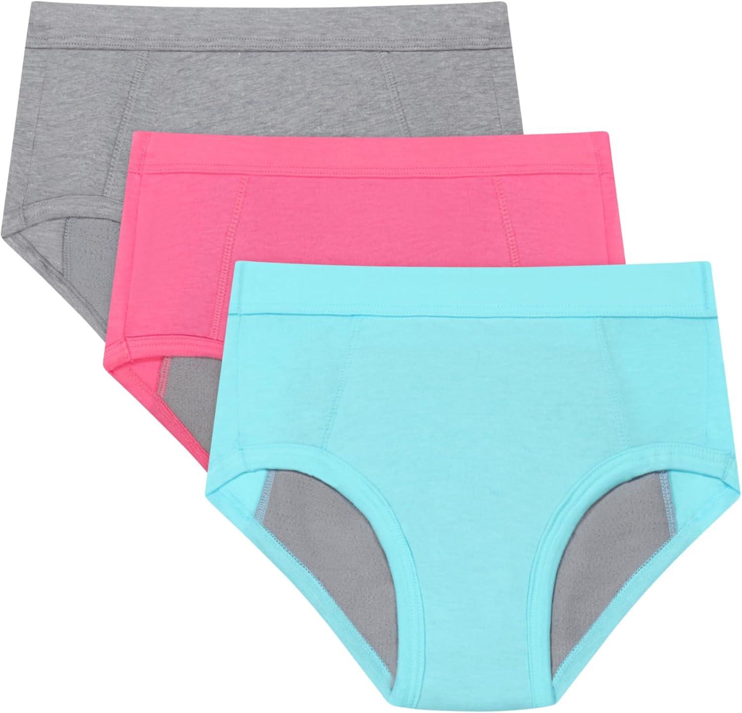 imageHanes Absorbency Briefs 3 Pairs Confident Nights Cotton Overnight Underwear for GirlsGreyAquaPink