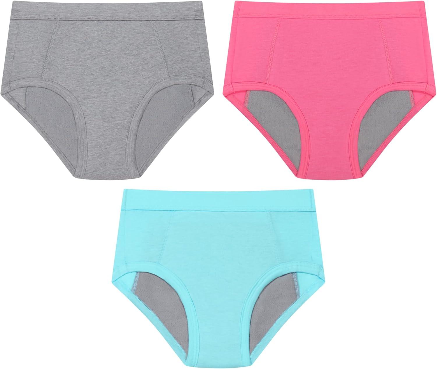imageHanes Absorbency Briefs 3 Pairs Confident Nights Cotton Overnight Underwear for GirlsGreyAquaPink