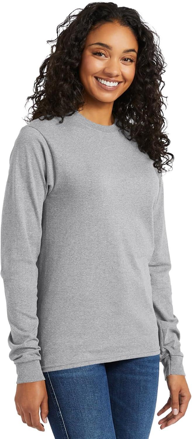 imageHanes Mens Essentials LongSleeve TShirt Crewneck Cotton TShirts for Men 2PackLight Steel 4 Pack