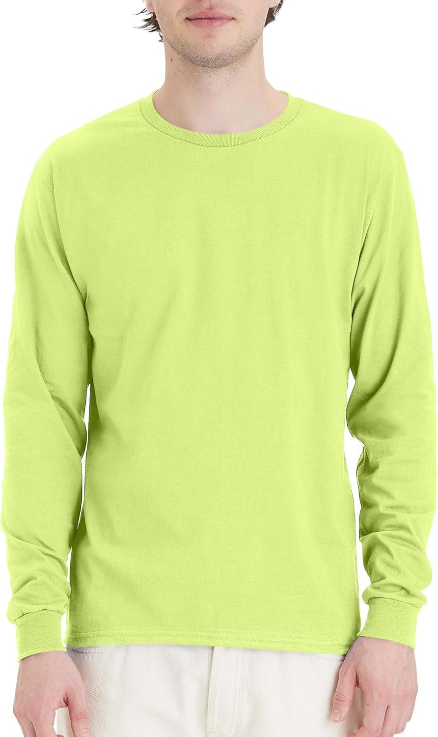 imageHanes Mens Essentials LongSleeve TShirt Crewneck Cotton TShirts for Men 2PackSafety Green 4 Pack