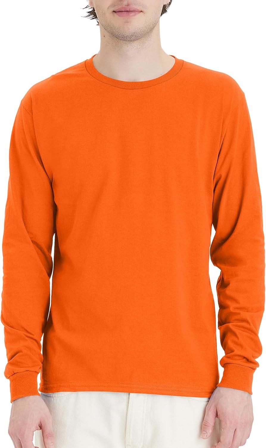 imageHanes Mens Essentials LongSleeve TShirt Crewneck Cotton TShirts for Men 2PackSafety Orange 4 Pack