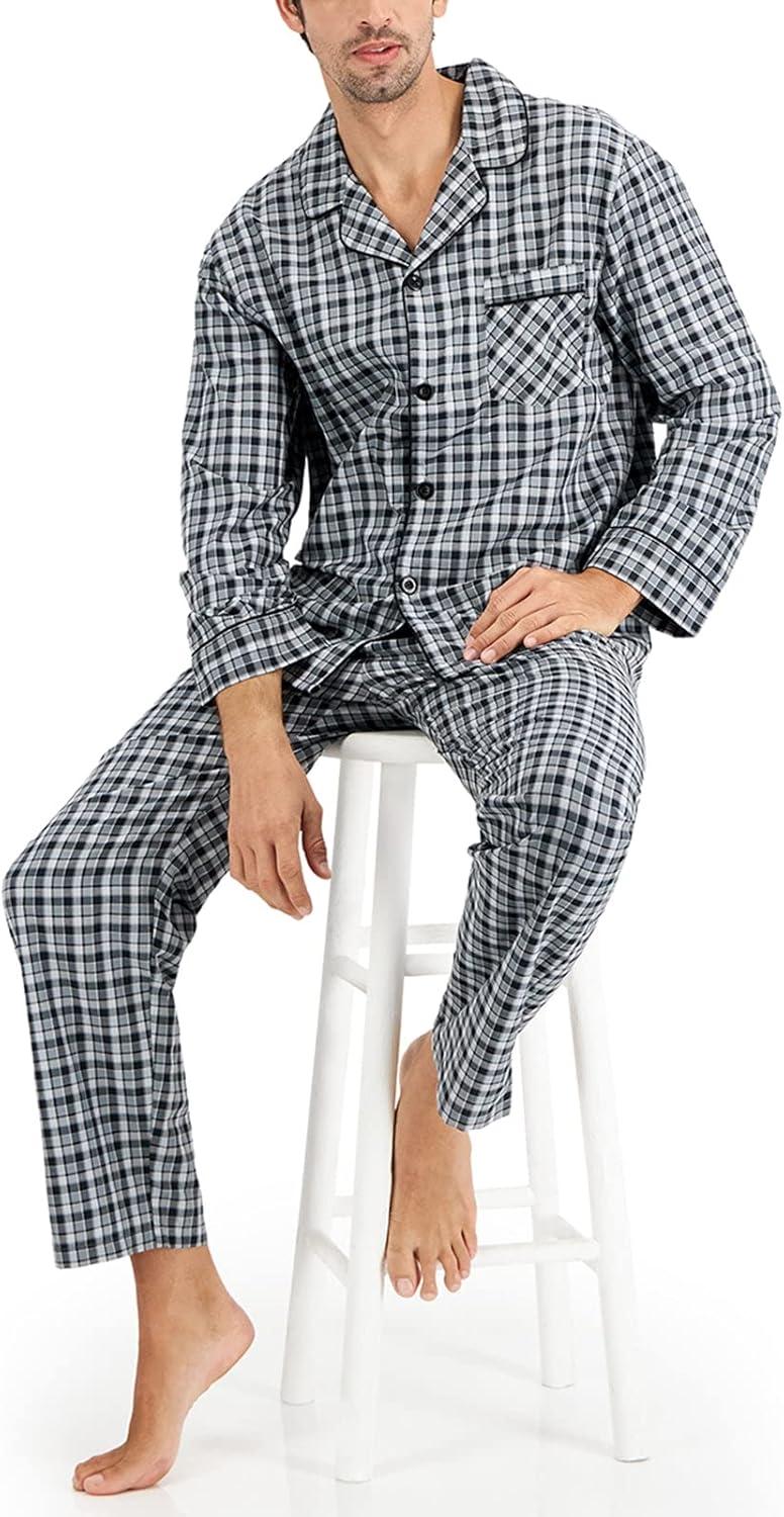 imageHanes Mens Long Sleeve Plain Weave Pajama SetBlackGrey Plaid