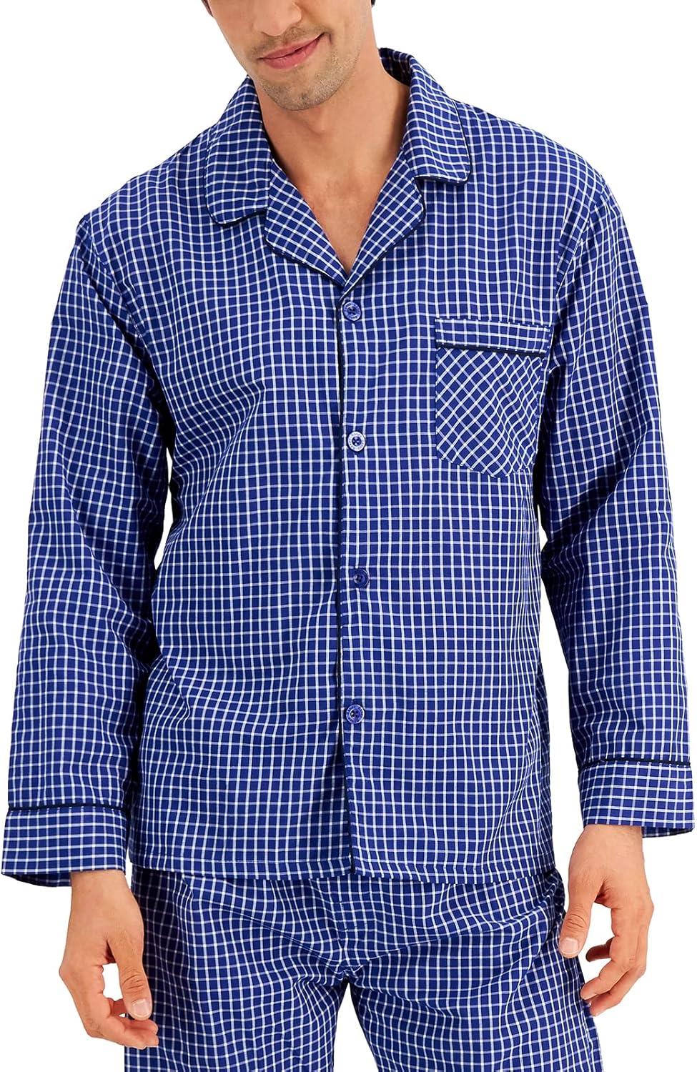 imageHanes Mens Long Sleeve Plain Weave Pajama SetBlue Checkered