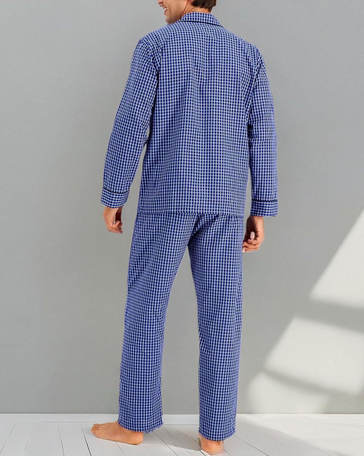 imageHanes Mens Long Sleeve Plain Weave Pajama SetBlue Checkered