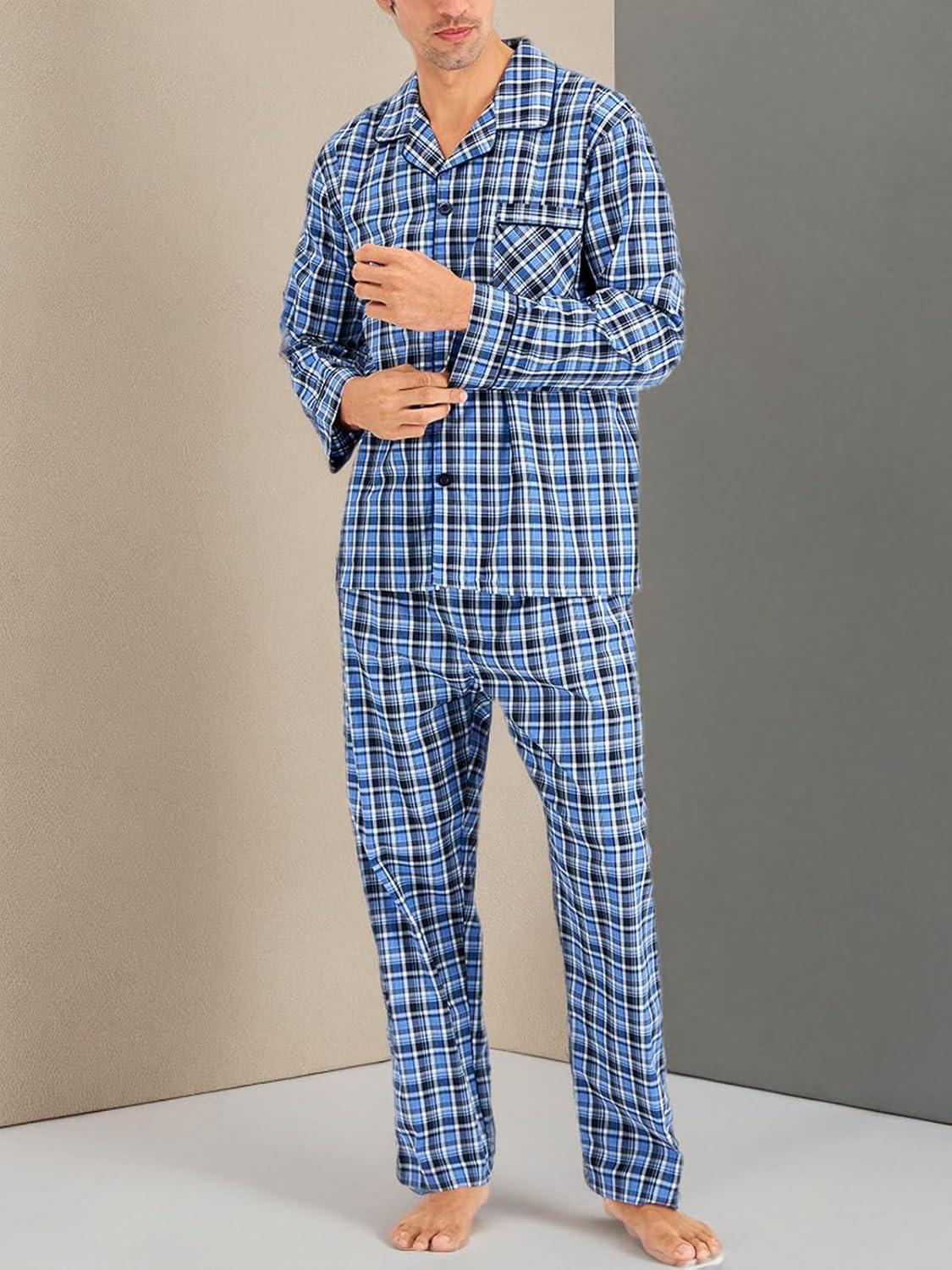 imageHanes Mens Long Sleeve Plain Weave Pajama SetBlue Green Plaid