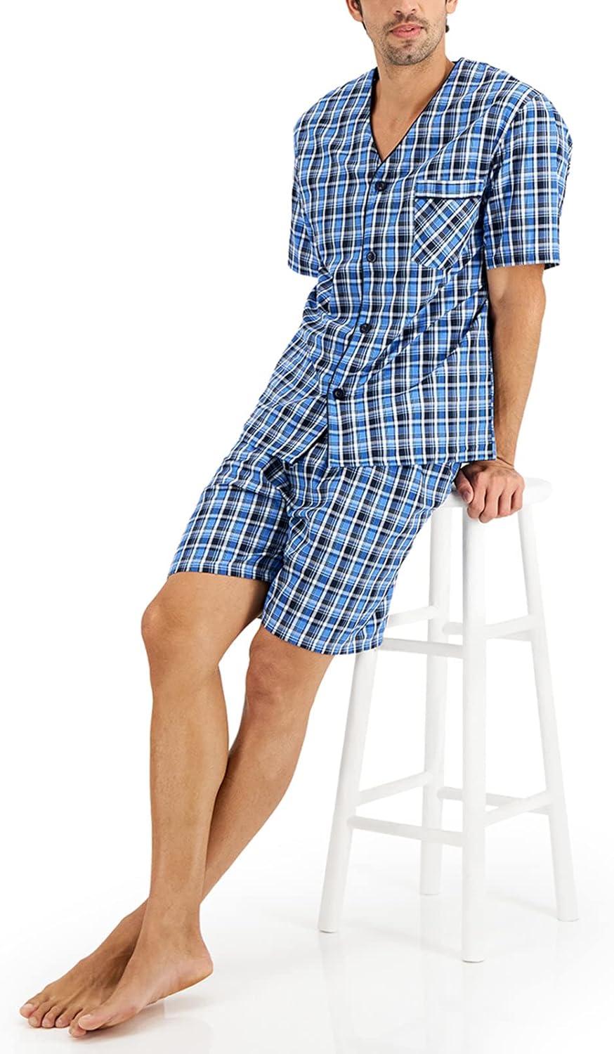 imageHanes Mens Short Sleeve Nightwear Pajama Short PJ Set Pijama de Dos Piezas para HombreBlue Plaid