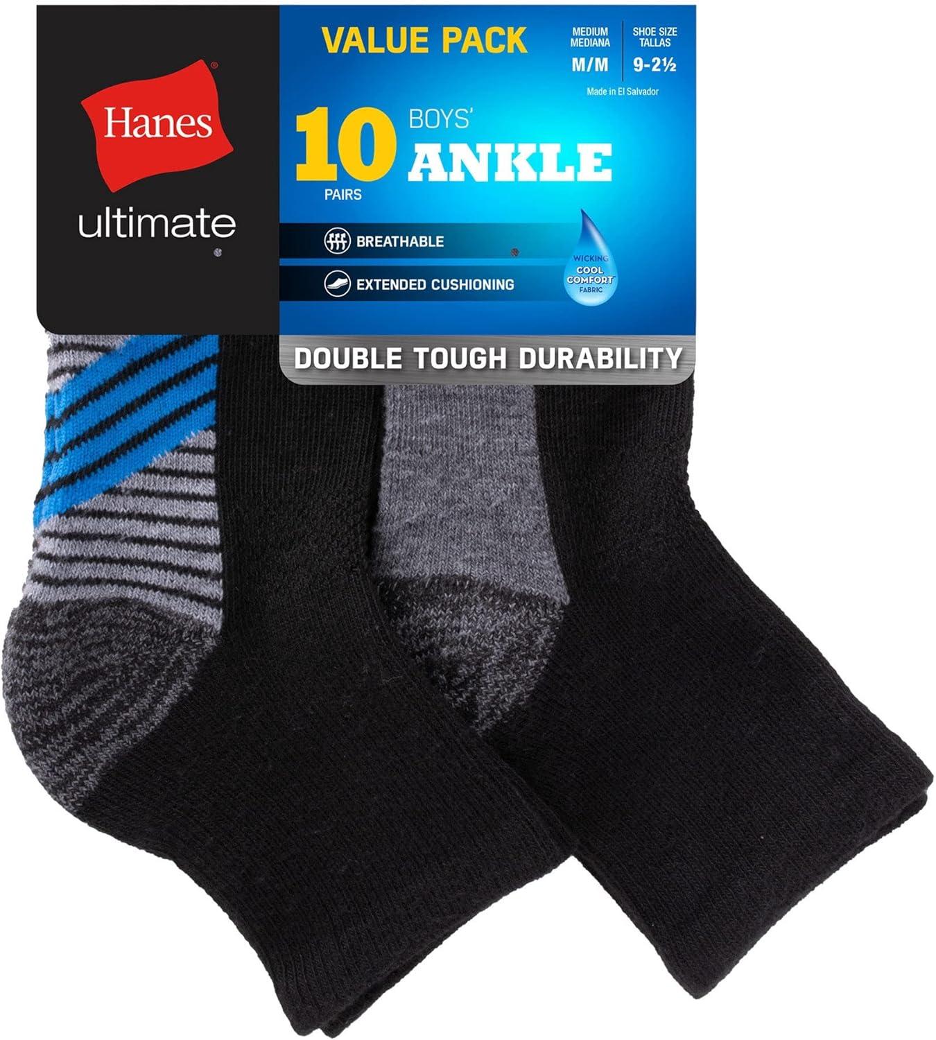 imageHanes Ultimate Boys Ankle and No Show Performance Sport Socks 10Pair PacksAnkle BlackGrey Bottom 10 Pack