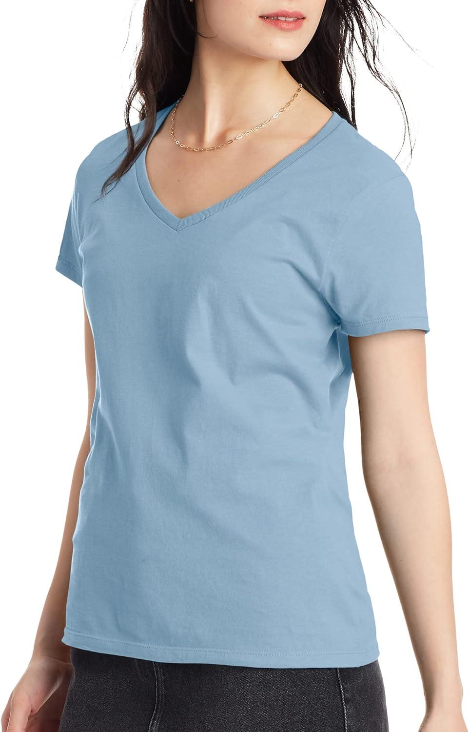 imageHanes Womens Nano Premium Cotton VNeck TShirt PackLight Blue 1 Pack