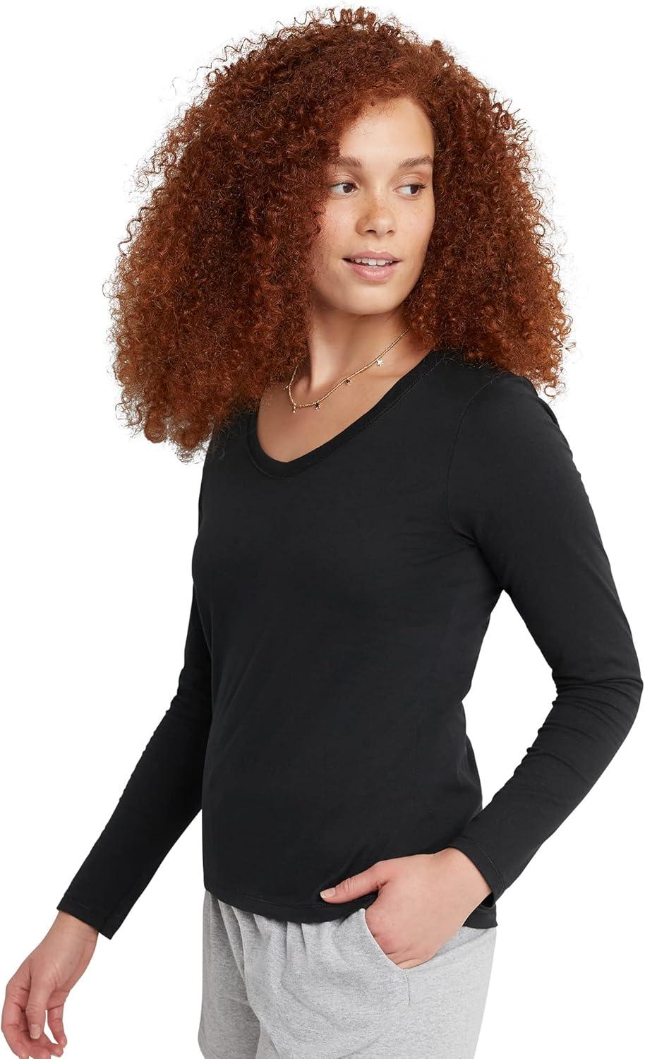 imageHanes Womens Originals Long Sleeve Cotton VNeck TShirt Lightweight VNeck Tee Modern FitEbony