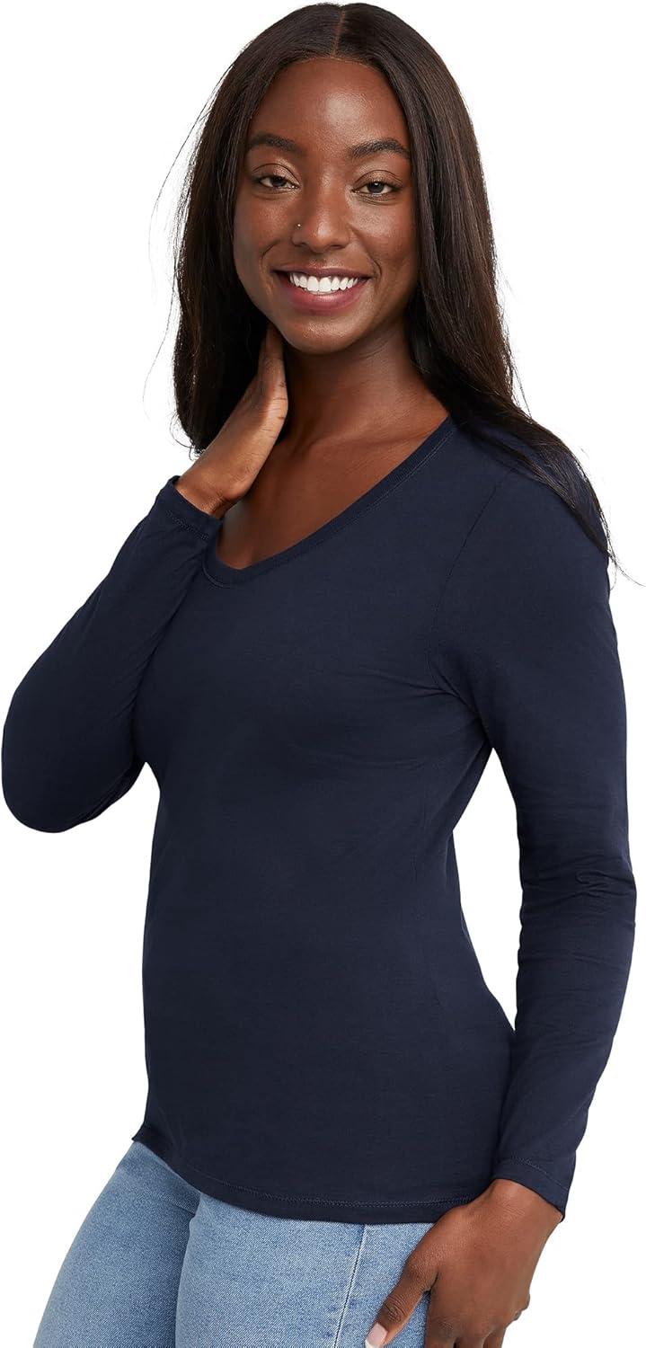 imageHanes Womens Originals Long Sleeve Cotton VNeck TShirt Lightweight VNeck Tee Modern FitNavy