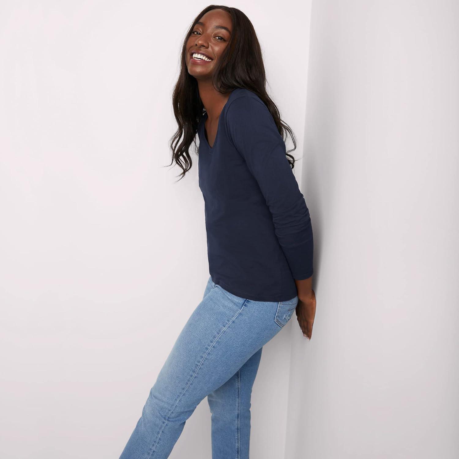 imageHanes Womens Originals Long Sleeve Cotton VNeck TShirt Lightweight VNeck Tee Modern FitNavy