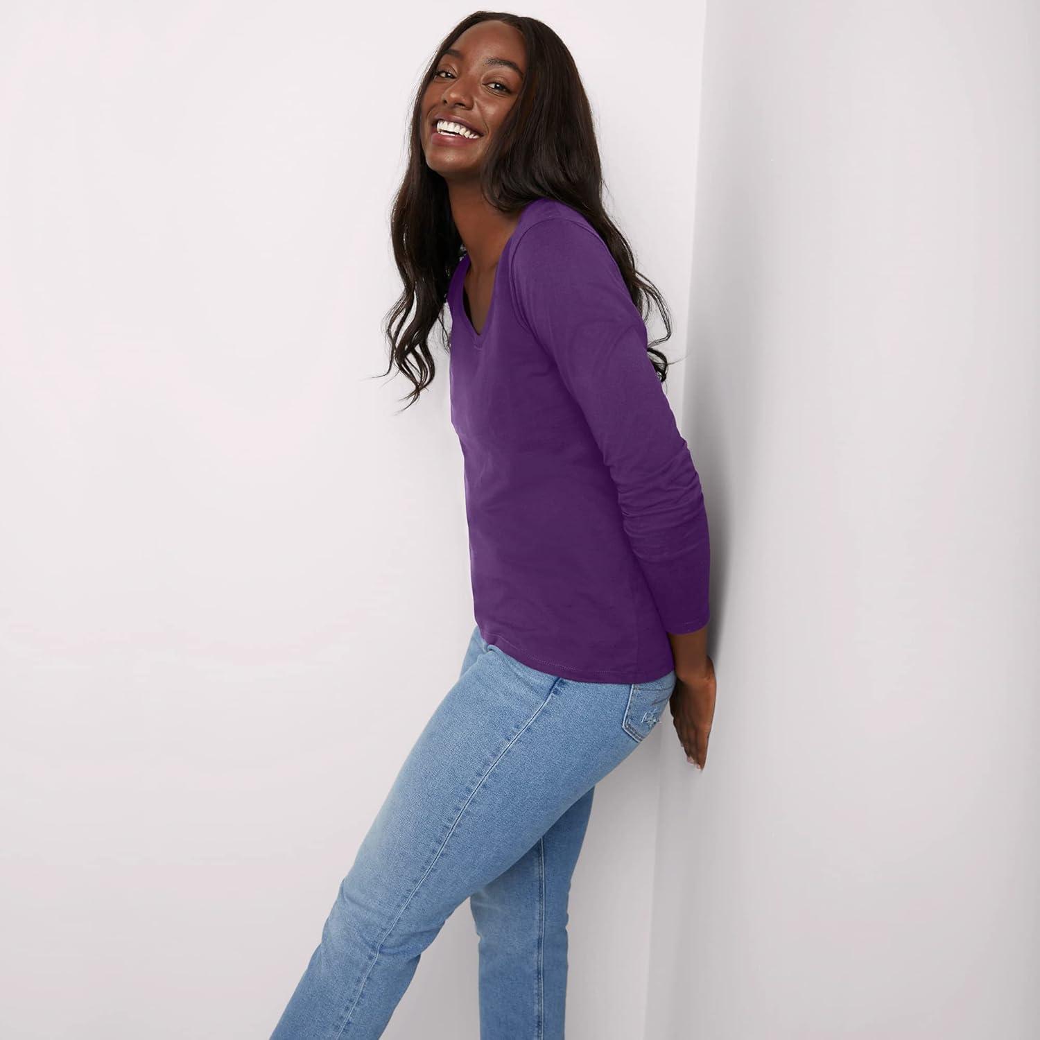imageHanes Womens Originals Long Sleeve Cotton VNeck TShirt Lightweight VNeck Tee Modern FitViolet Splendor