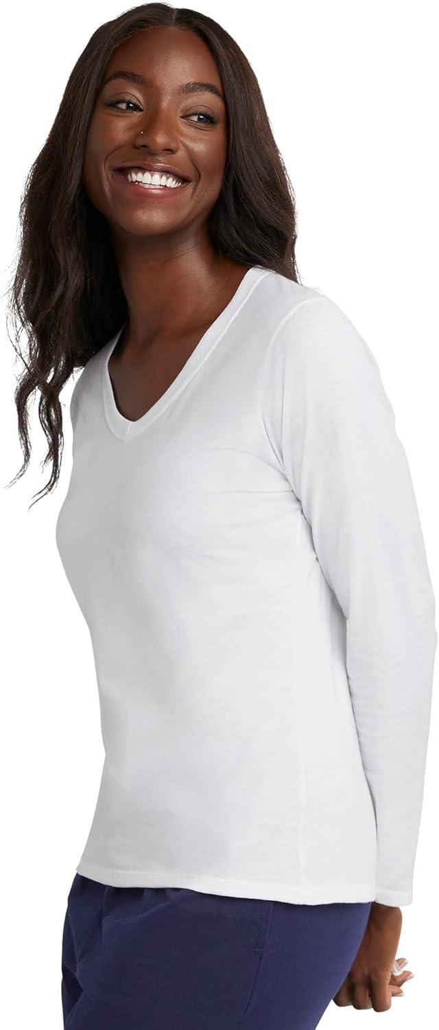 imageHanes Womens Originals Long Sleeve Cotton VNeck TShirt Lightweight VNeck Tee Modern FitWhite