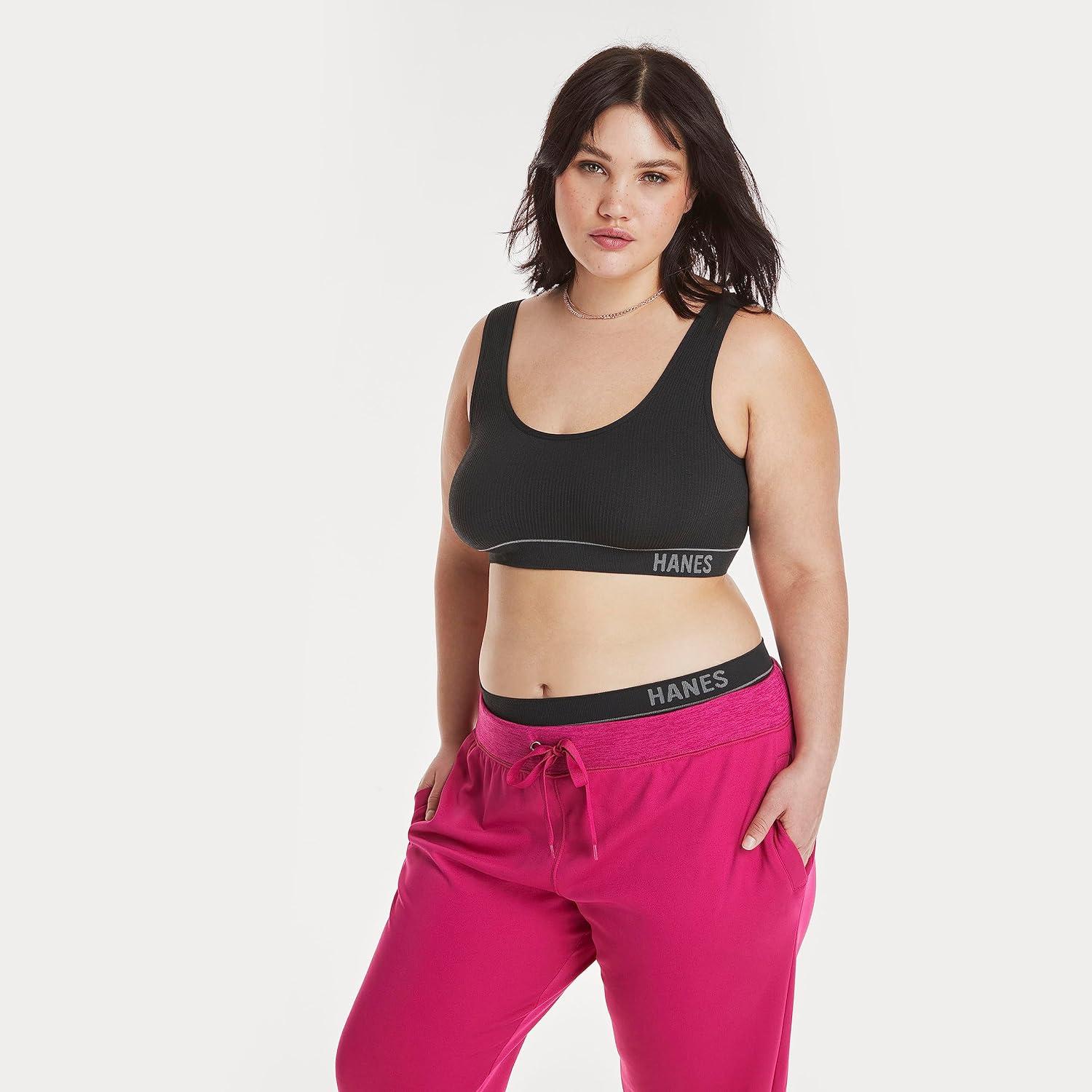 imageHanes Womens Originals Seamless Rib Crop Bralette Wireless Scoop Pullover Bra ComfortFlex FitBlack