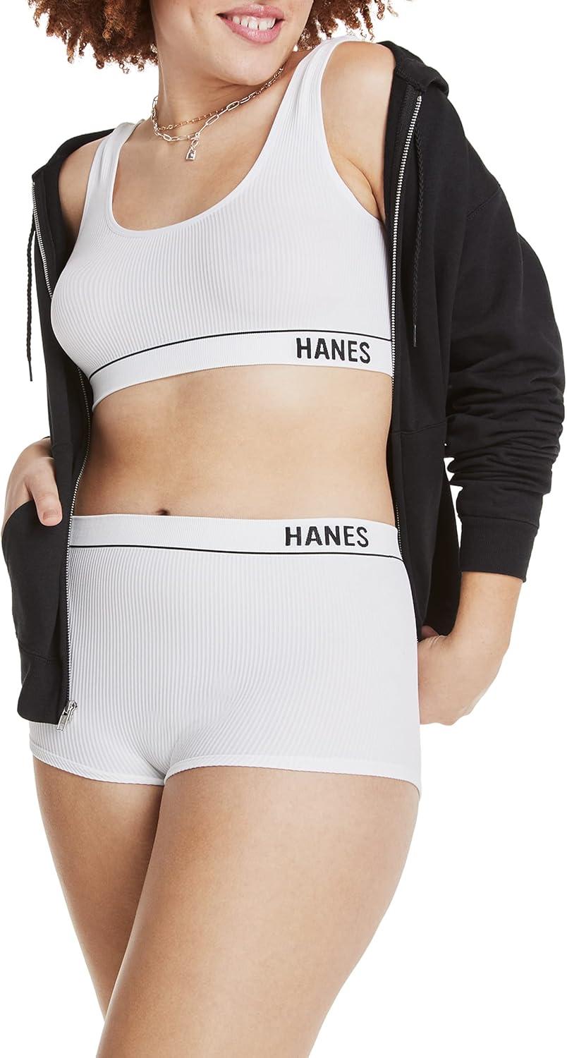 imageHanes Womens Originals Seamless Rib Crop Bralette Wireless Scoop Pullover Bra ComfortFlex FitWhite