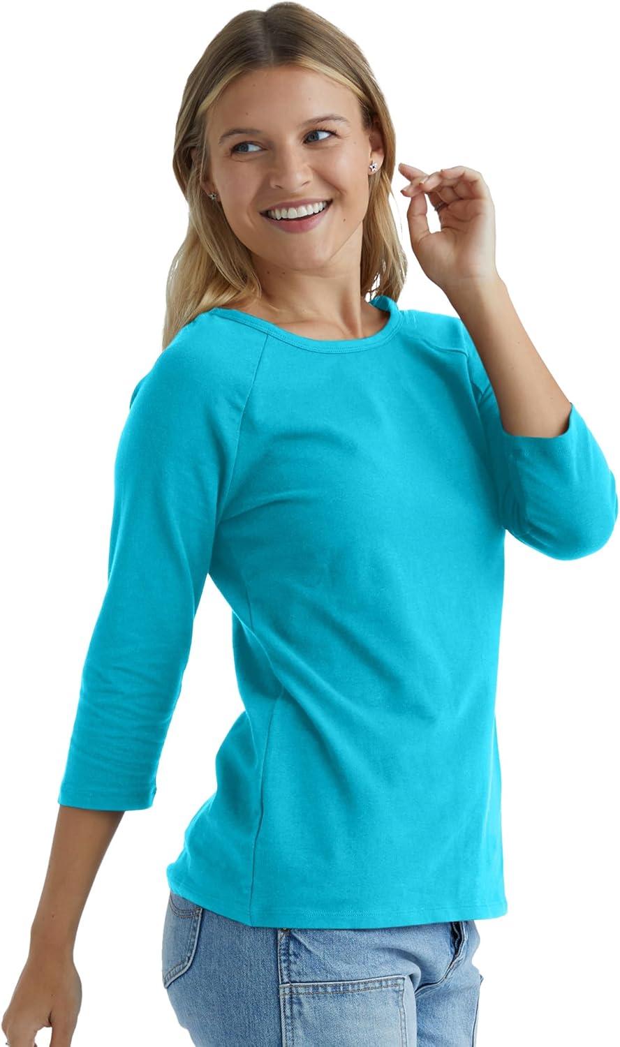 imageHanes Womens Raglan Sleeve Stretch Cotton Crewneck TeeFlying Turquoise