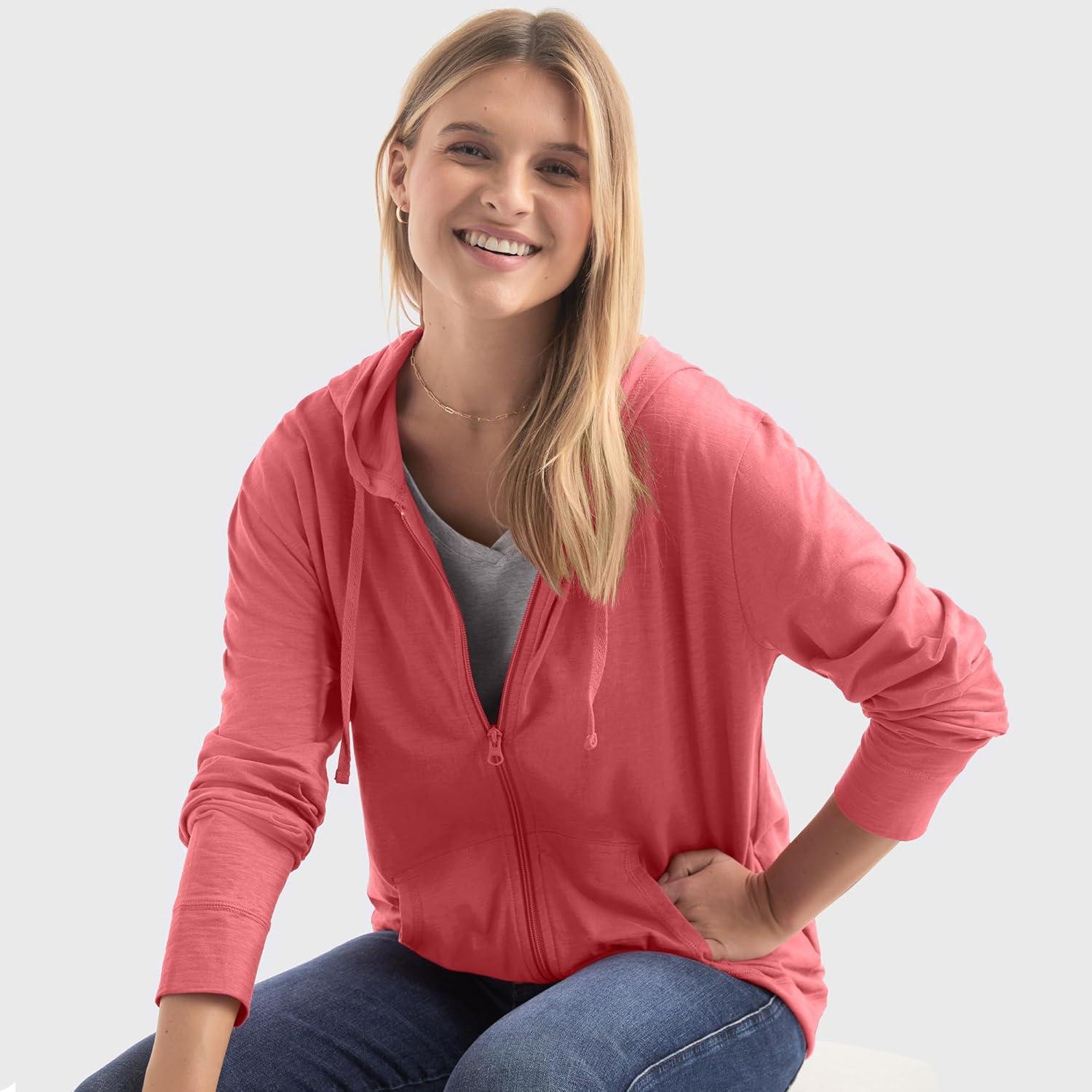 imageHanes Womens Slub Knit FullZip Hoodie Textured Cotton ZipUp TShirt Hoodie for WomenBriny Pink