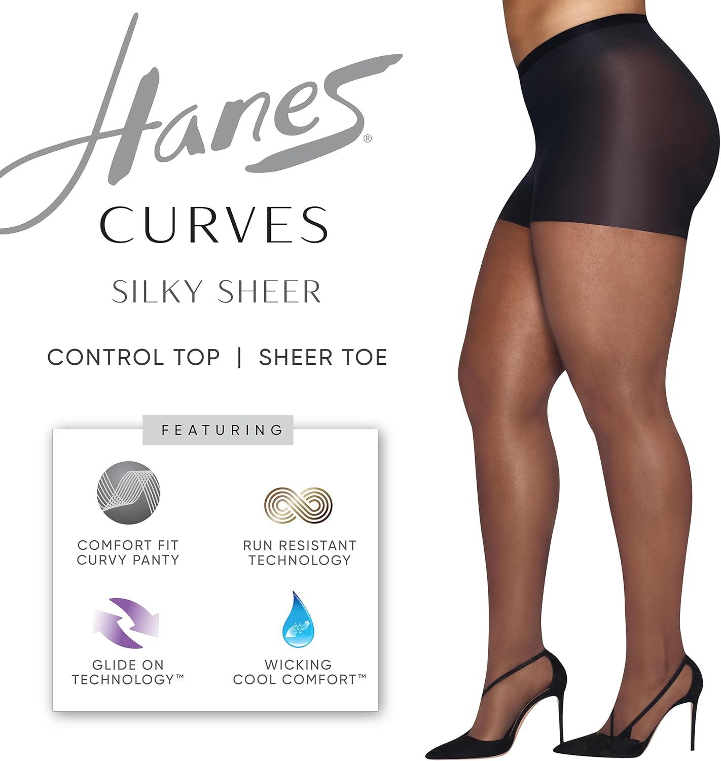 imageHanes womens Curves Control Top Sheer Toe Silky Sheer Pantyhose With Wicking Cool ComfortBarely There