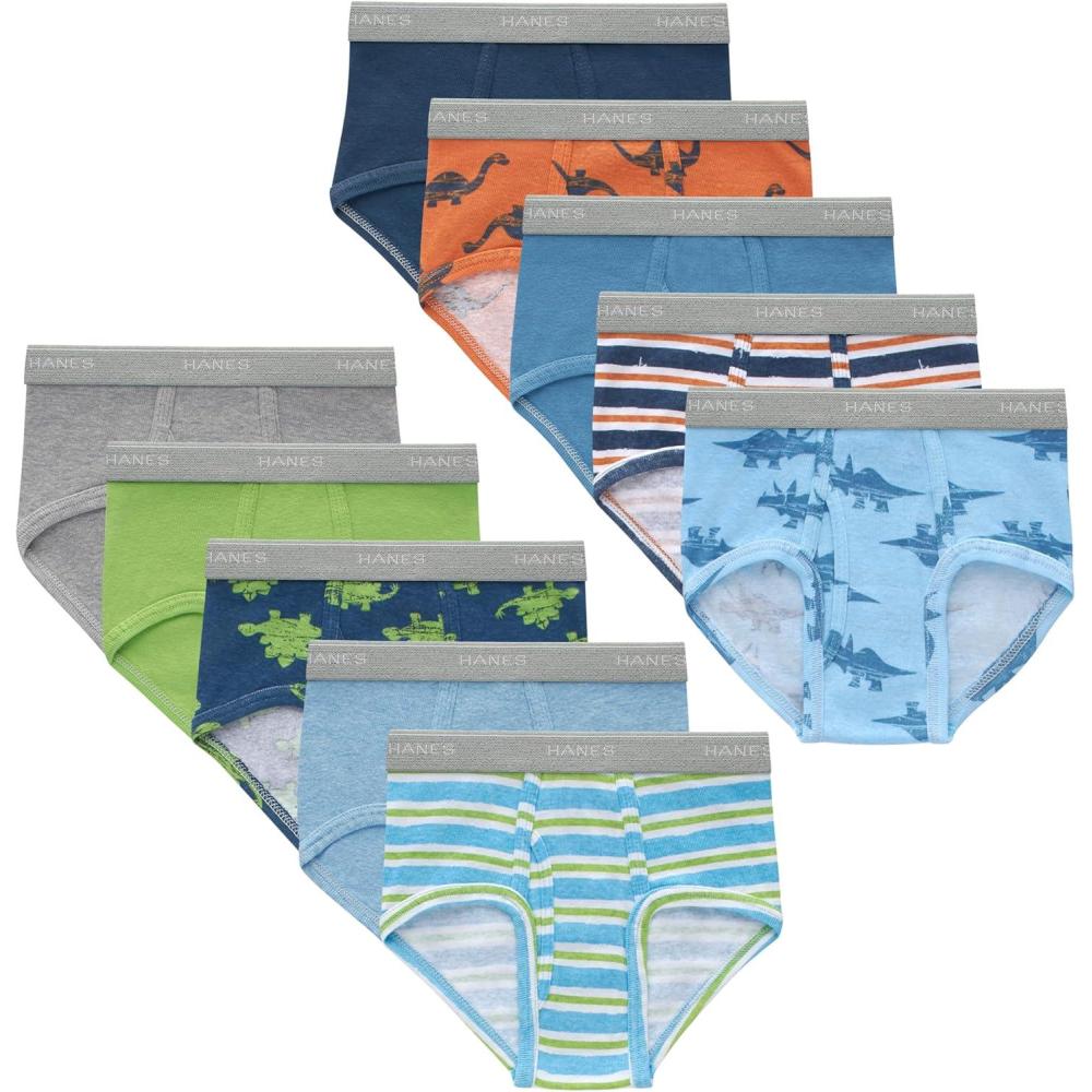 imageHanes Boys Brief Underwear Cotton Underwear for Boys No RideUp Briefs 6 and 10 PacksBlue Orange Dino Stripes Green